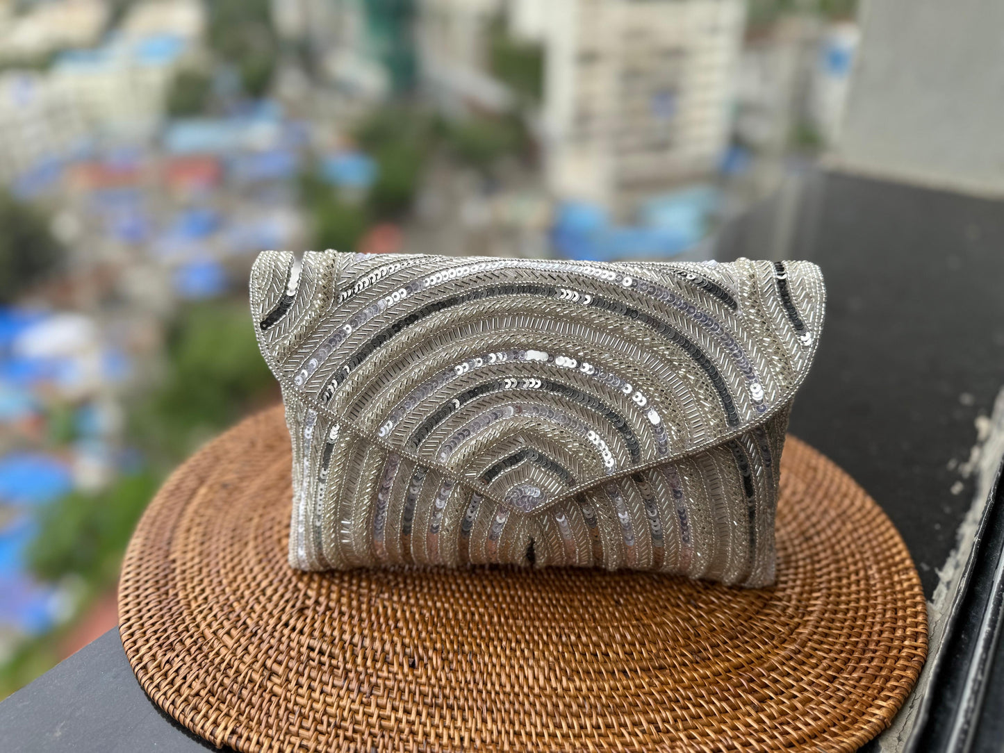 Embroidered Arc clutch