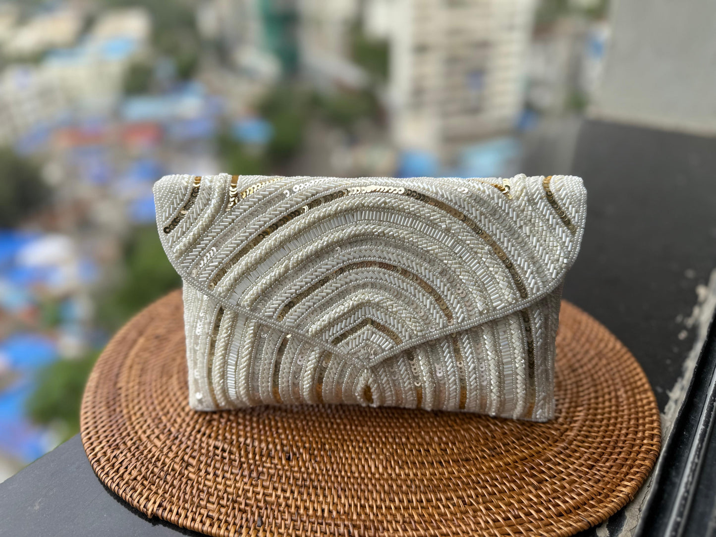 Embroidered Arc clutch