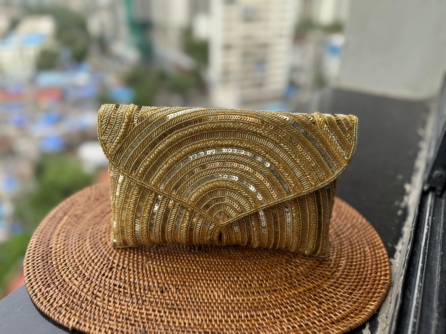 Embroidered Arc clutch