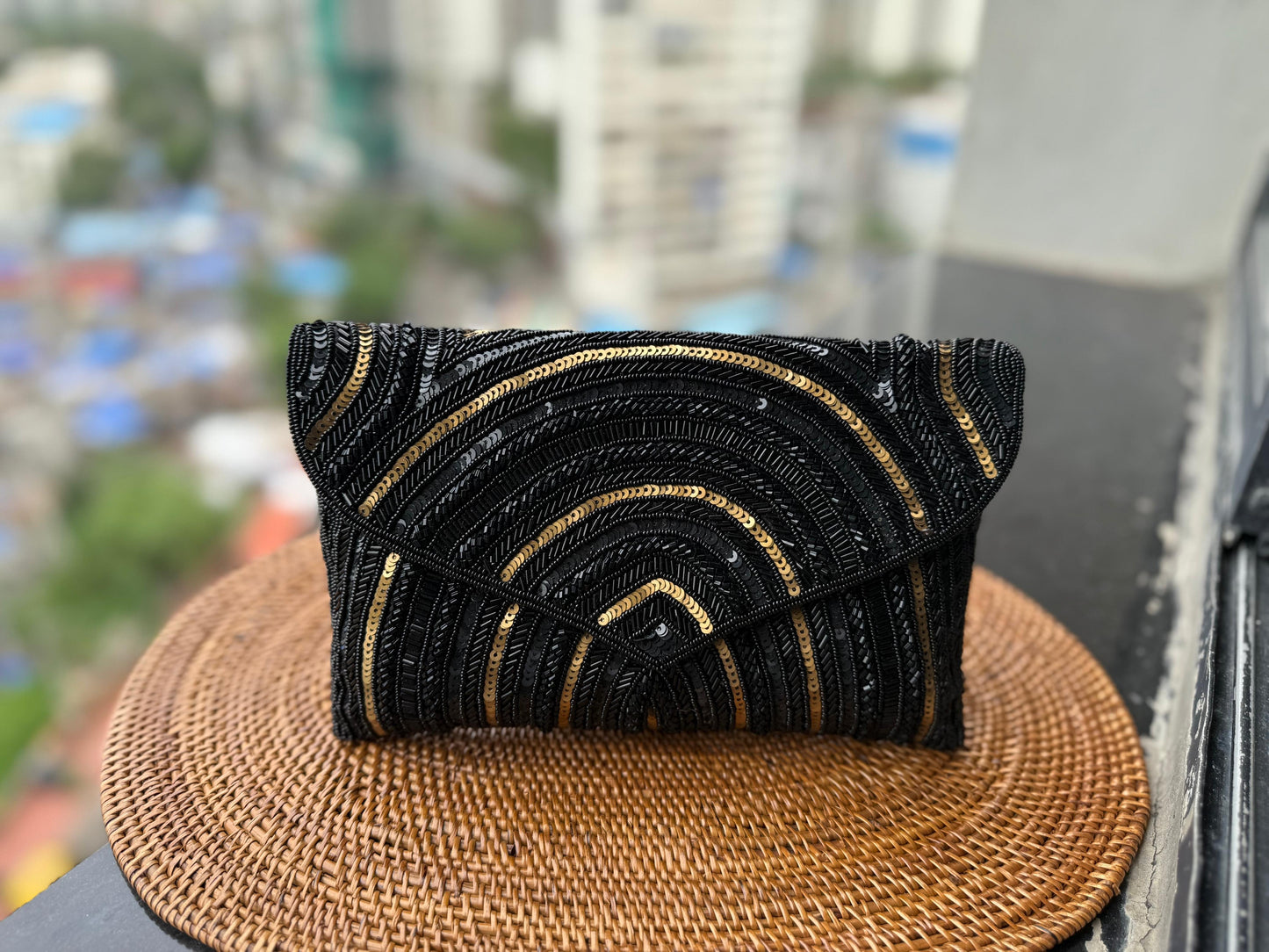 Embroidered Arc clutch